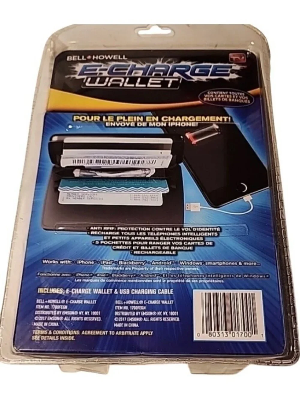 Bell Howell E-Charge Rfid Portable Wallet Phone Charger W/ Anti-Theft Protection